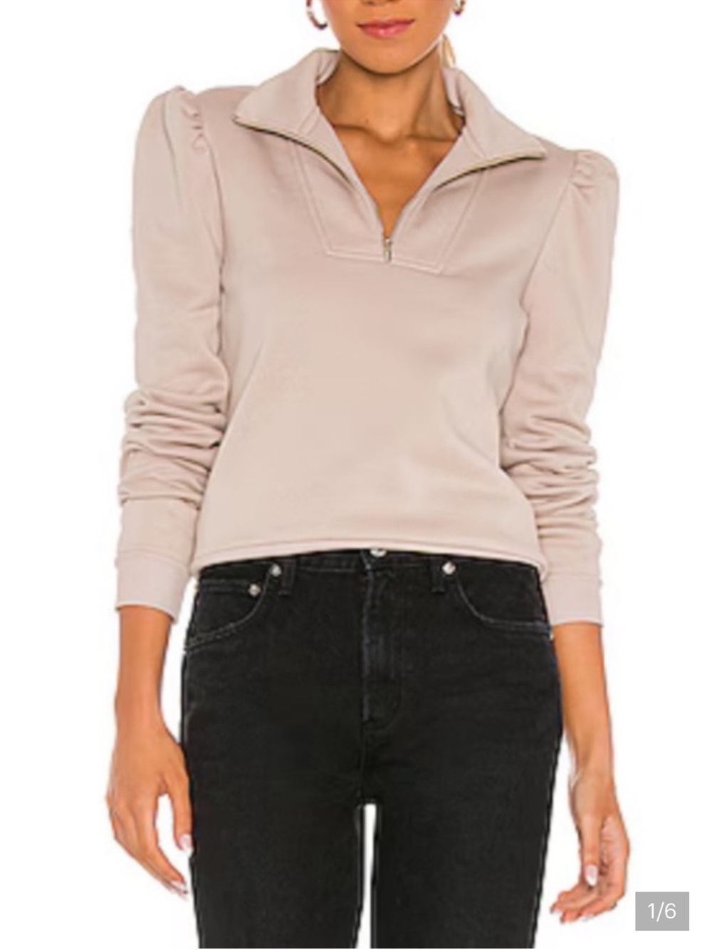 Generation Love Puff Sleeve Half-Zip Top in Beige